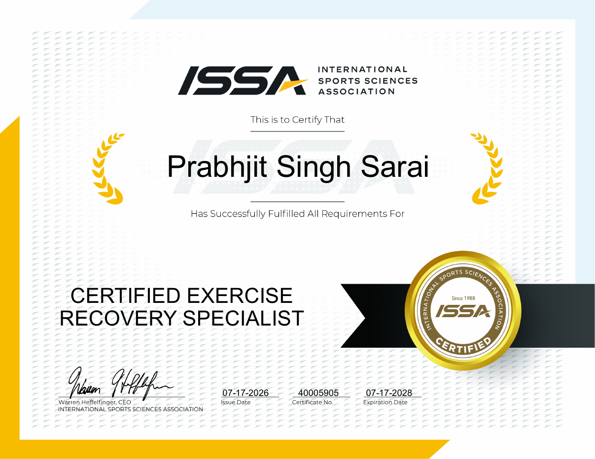 ISSA Certified Exercise Recovery Specialist certificate for Prabhjit Singh Sarai